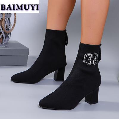 Женские ботильоны на высоком каблуке с кристаллами, остроносые туфли 2025 года, роскошные вязаные толстые зимние ботинки челси, туфли-лодочки Mujer Botas