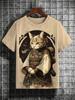 Japanese Cat Pattern T-Shirt For Men Warrior Animal 3D Print Tee Shirts Summer Casual O-Neck Short Sleeve Tees Street Loose Tops
