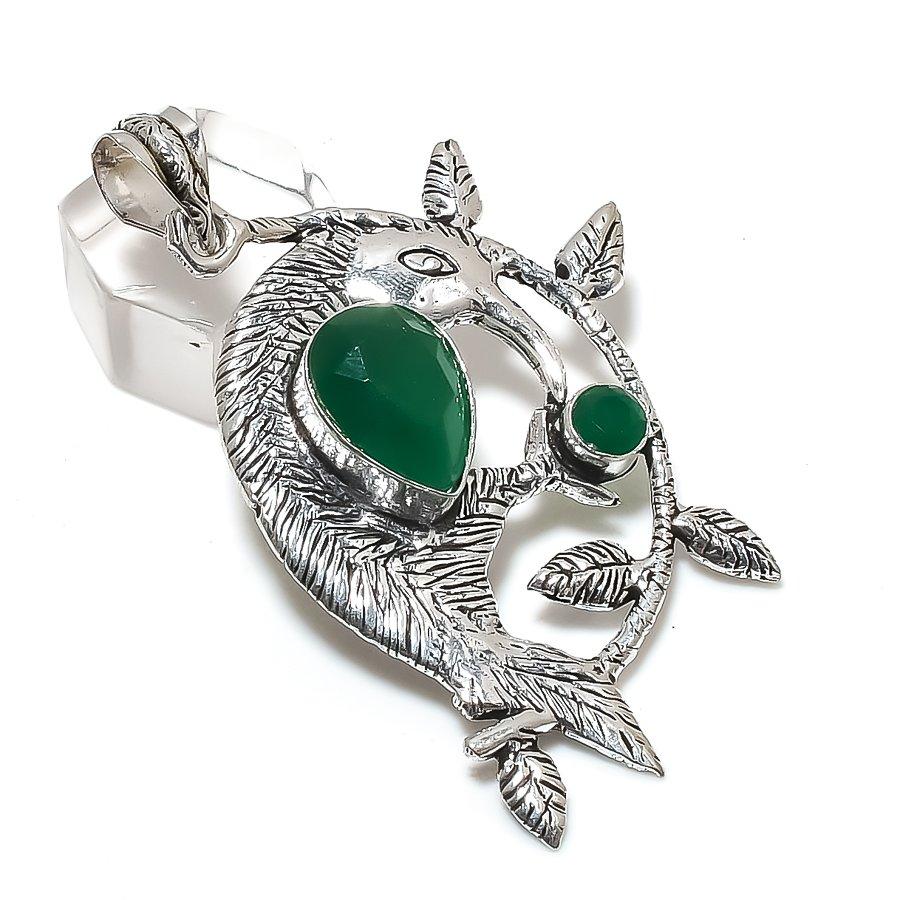 Green Onyx Handmade 925 Sterling Silver Jewelry Pendant 2.56" Z9t07