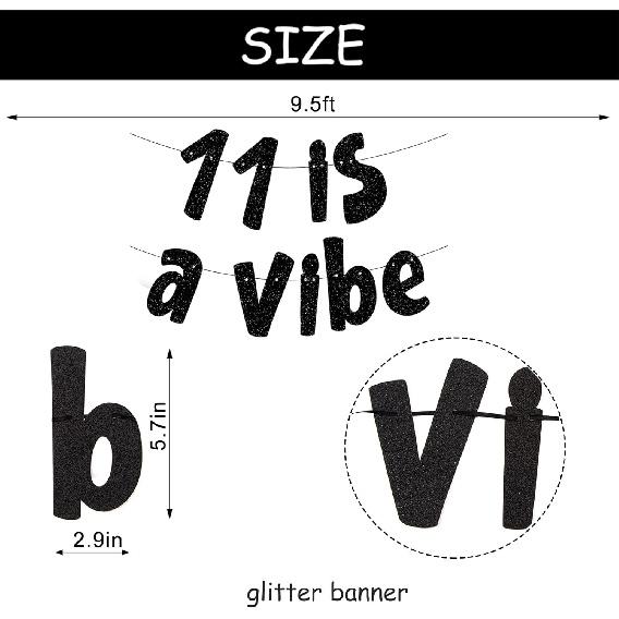 11 is a Vibe Banner, Pre-Strung Glitter Black 11th Birthday Banner, Funny 11th Birthday Decorations for Boys Girls Teens 11 Years Old, Happy 11th