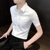 New Summer Fashion Handsome Casual Stripe Versatile Short Sleeved Shirt Men's Solid Lapel Button Slim High End Simple Tops