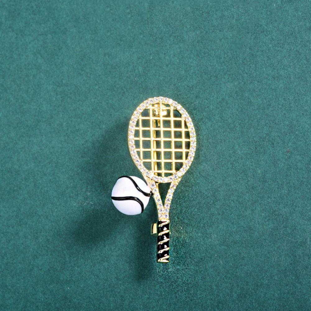 Zinc Zinc Alloy Enamel Metal Clothes Pin Rhinestone Gold Brooch Unique Tennis Racket Brooch  Daily