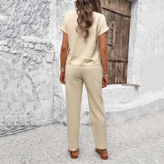 2 шт./компл., женский топ, брюки, костюм с круглым вырезом, короткими рукавами, карманами, шнуровкой на талии, сплошной цвет, повседневная свободная дышащая женская повседневная футболка, комплект брюк