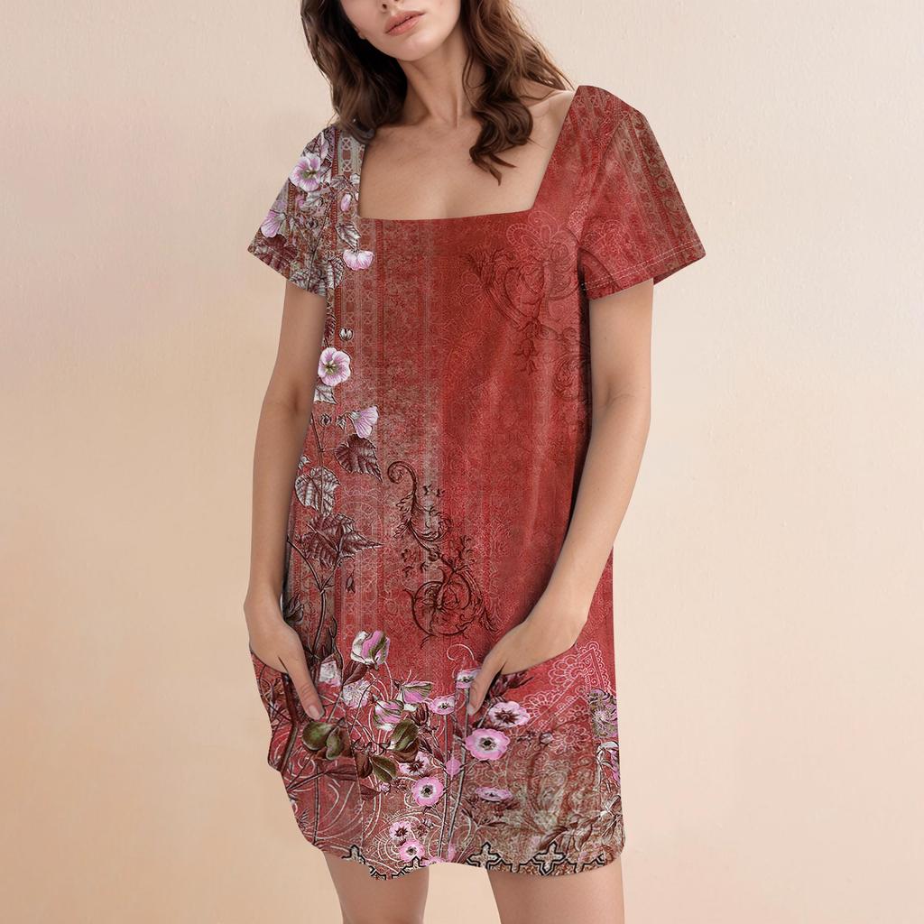 Женское модное повседневное платье с квадратным вырезом и коротким рукавом