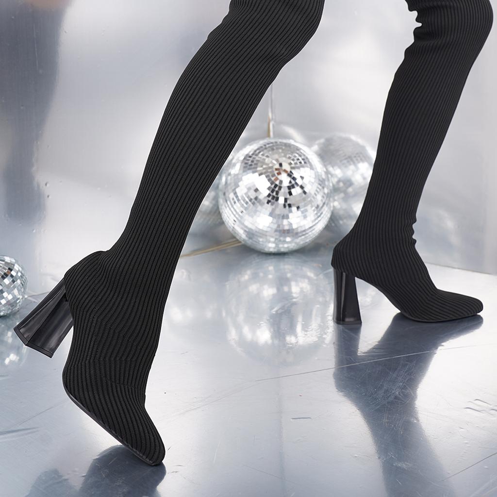 Женские сапоги Осенние эластичные сапоги до колена Женские черные удобные сапоги-трубы до бедра Модные дышащие туфли на каблуках для женщин