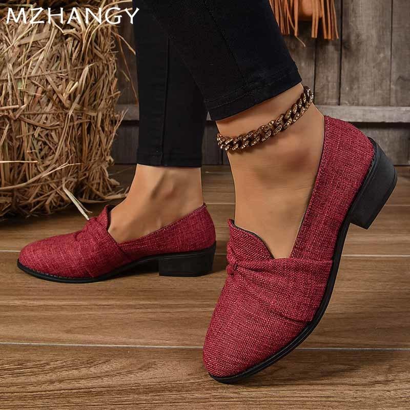 Модные холщовые толстые женские мокасины с бантом на среднем каблуке, прогулочная обувь для женщин 2025 года, зимние туфли-лодочки для платья, для путешествий, Zapatos