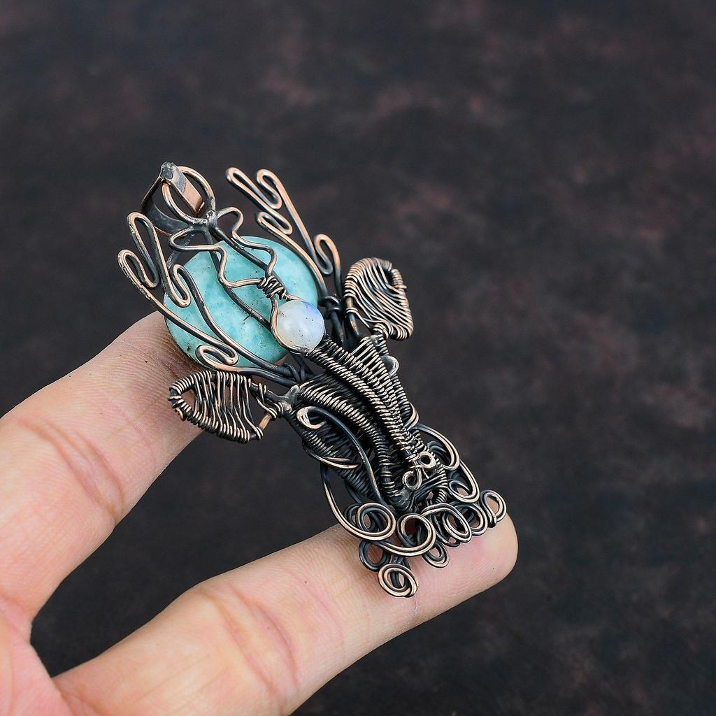 Amazonite Pendant Copper Wire Wrapped Pendant Deer Face Jewelry Moonstone Pendant Handmade Pendant Wire Wrap Gemstone Jewelry Gifts For Wife