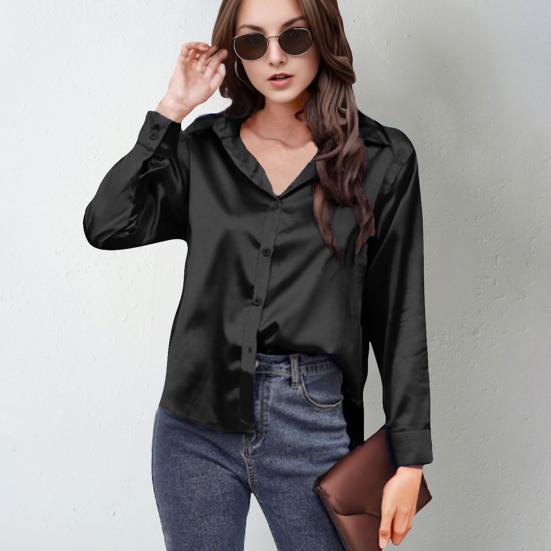 Женская рубашка с лацканами, длинным рукавом, из гладкого атласа, топы, однотонная, свободного кроя, повседневная рубашка, рубашка офисной леди, для повседневной носки