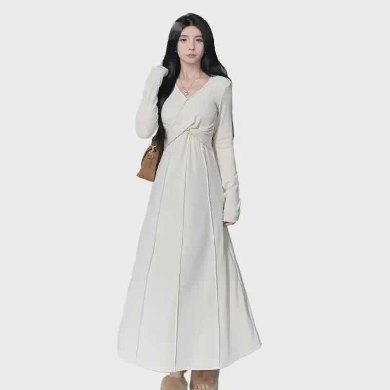 Женское трикотажное платье больших размеров с французским V-образным вырезом - осенняя утягивающая талию длинная юбка