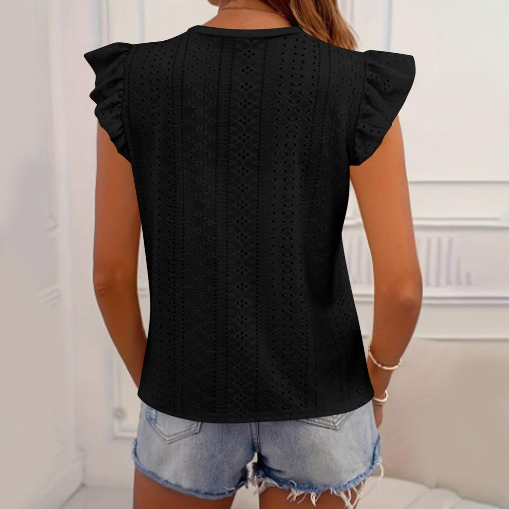 Женская летняя рубашка свободного кроя с коротким рукавом и круглым вырезом для отдыха на лето с люверсами и повседневными вещами