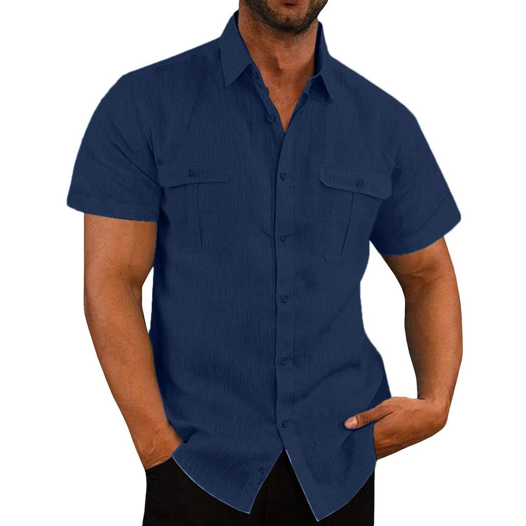 European and American Men's Shirt, Double Pocket Cotton Linen Short Sleeved Shirt, Casual Vacation Shirt