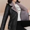 Women's Fleece Leather Jacket Autumn Winter Slim Plus Velvet Leather Biker Jacket Thick Flocked Leather Coat