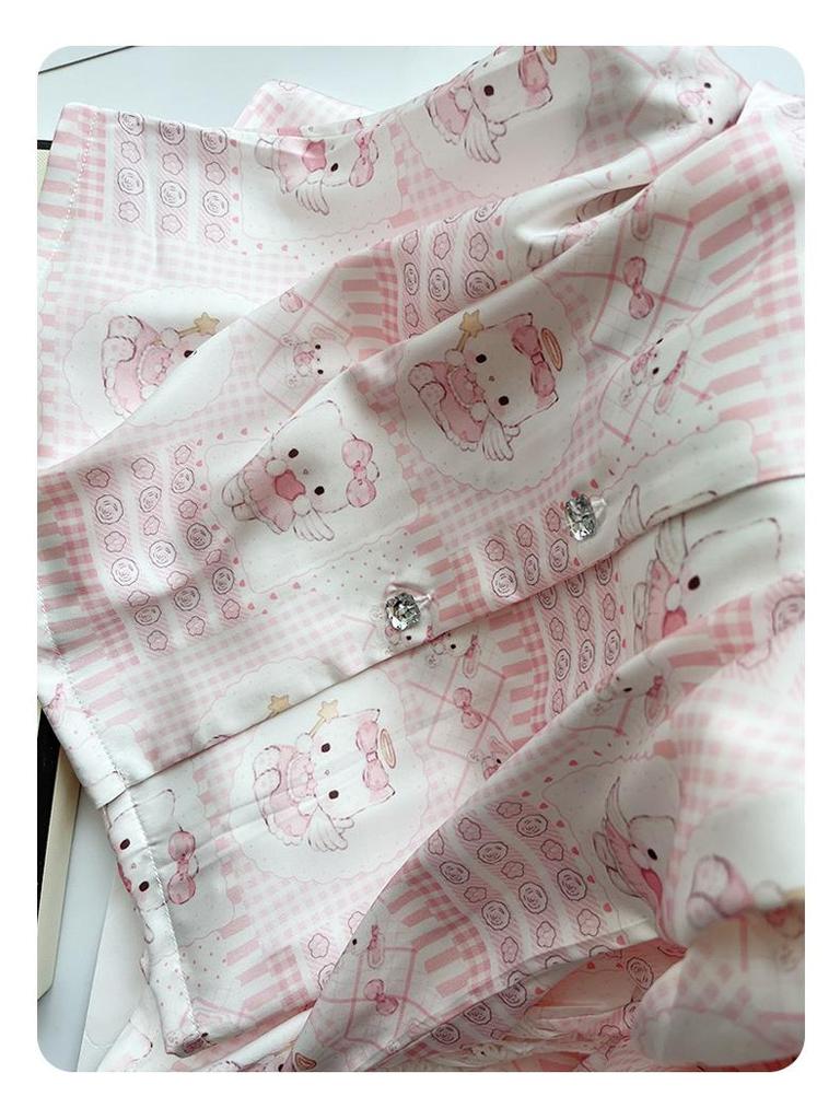 Moe-Style Sweet Pink Kitten Pajamas: Soft Silk, Long-Sleeved & Long Pants for Women - Spring & Autumn Collection