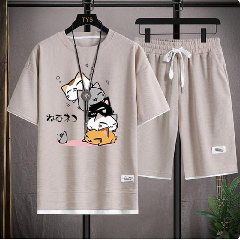 2024 Мужской летний вафельный комплект, брендовая мода, повседневный комплект из футболки и шорт, мужской спортивный комплект, свободный, удобный, комплект из двух предметов