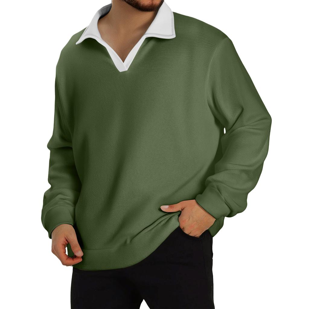 Мужской повседневный трикотажный базовый топ с длинным рукавом и воротником в стиле колор-блок