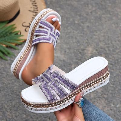 Мода Мода Фиолетовые Босоножки на танкетке Женские Блестящие Кристаллы Декор Клепки Толстая Подошва Шлепанцы Большой Размер Комфорт Массивная Платформа Пляжная Обувь
