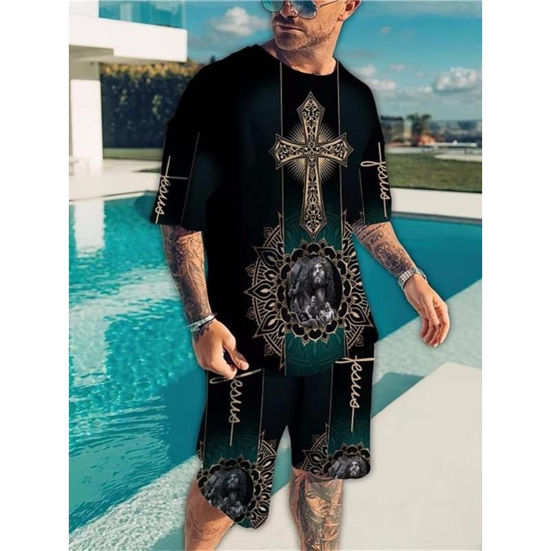 Модный Повседневный Отпуск Летний Мужской Костюм Принт Черепа 3D Спортивная одежда Костюм с коротким рукавом Футболка оверсайз с круглым вырезом Шорты 2 предмета