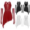 Women Glitter Dance Dress Sleeveless Asymmetrical Hem Rhinestone Decorated Gown Full Finger Mesh Gloves Set