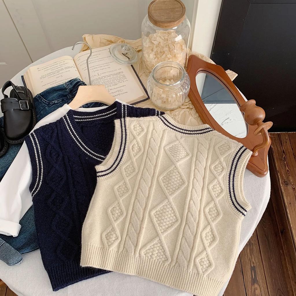 Детский жилет Осенняя одежда для малышей Жилет с V-образным вырезом для мальчиков Вязаный полосатый модный свитер для девочек Зимняя одежда для малышей