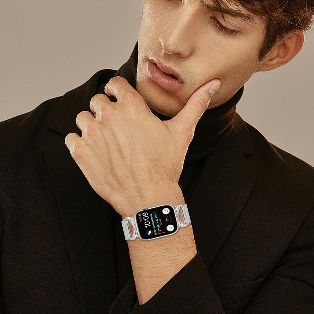 Ремешок для Apple Watch Series 10 Ultra 9 8 7 SE 6 5 4 3 2 1 46 мм 49 мм 45 мм 44 мм 42 мм Миланский серебристый металлический ремешок с украшением из стразов
