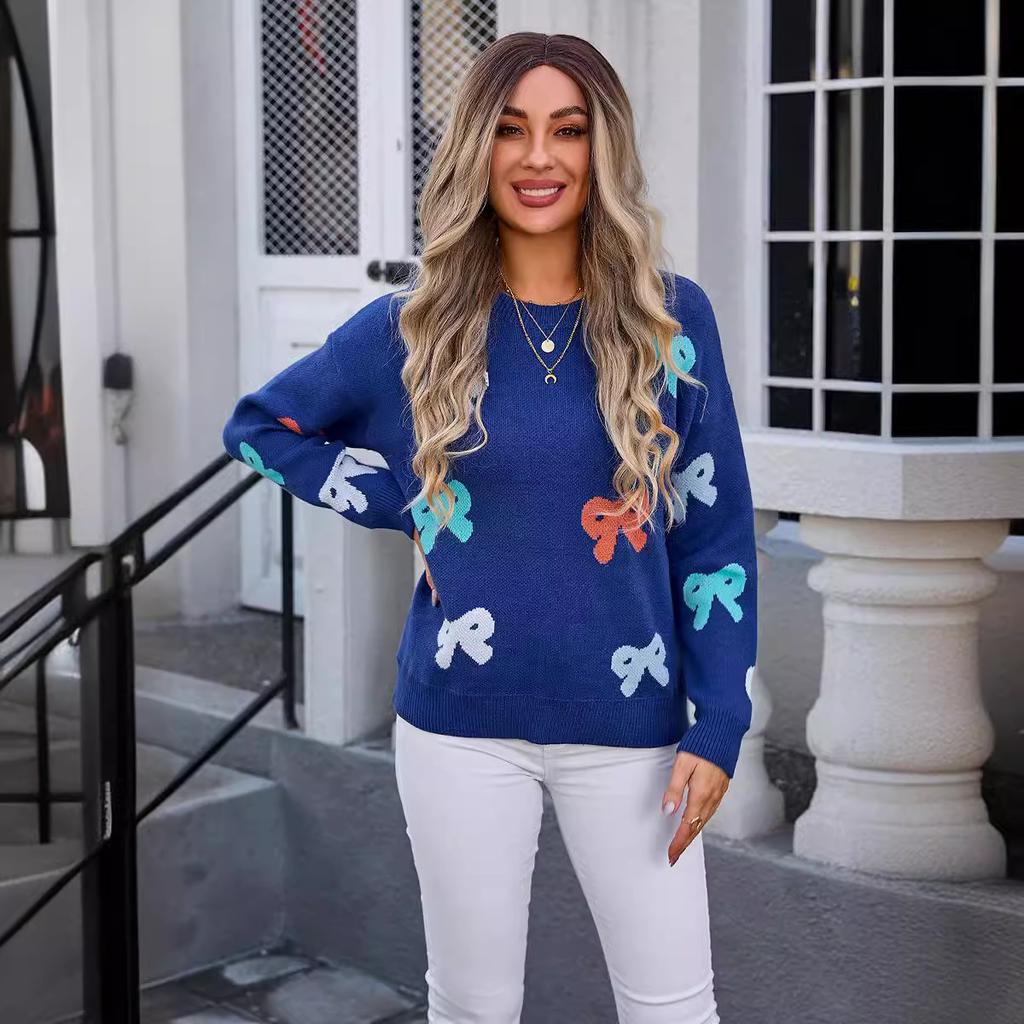 Осенне-зимний женский свитер с бантом, круглый вырез, длинный рукав, вязаный свитер