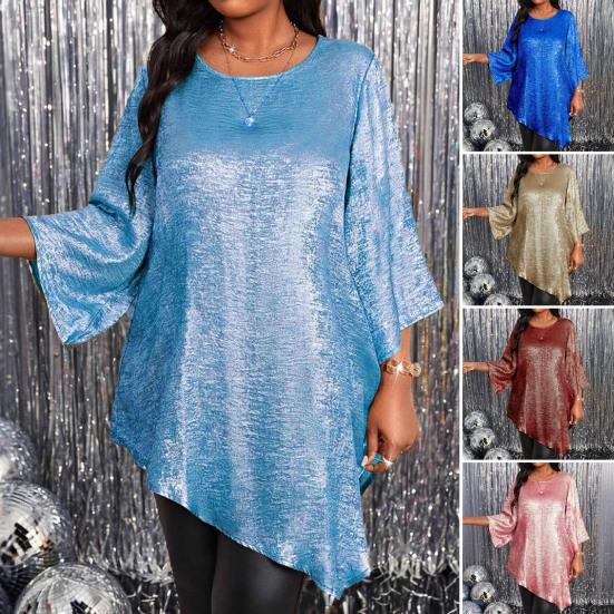 Women Tops Round Neck Ninth Length Sleeve Mid-length Blouse Sparkling Irregular Hem Loose Fit Tee Shirt Daily Wear