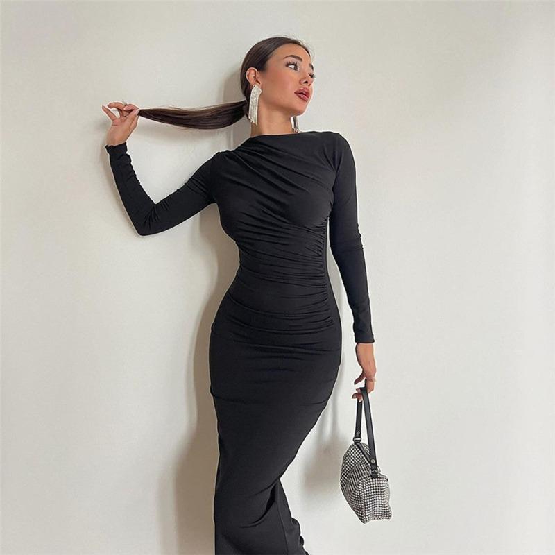 Spring Autumn Slim Fit High-end Feeling Solid Color Temperament Long Hip Hugging Dress for Women