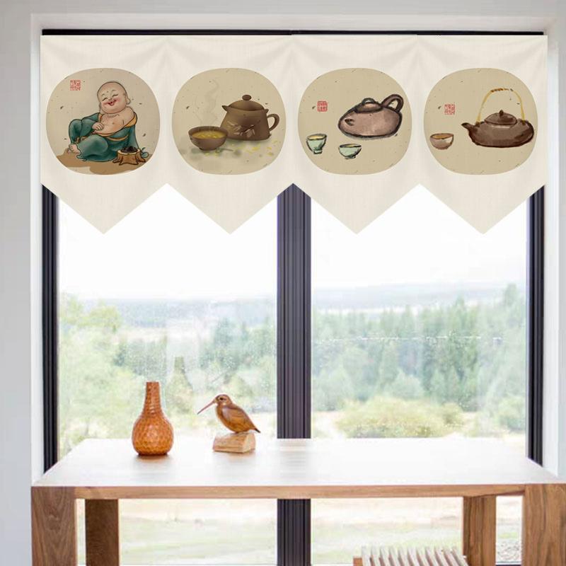Japanese Tea Room Partition Door Head Curtain Signboard Chinese Style Hanging Short Curtain Restaurant Teahouse Decor Pennant