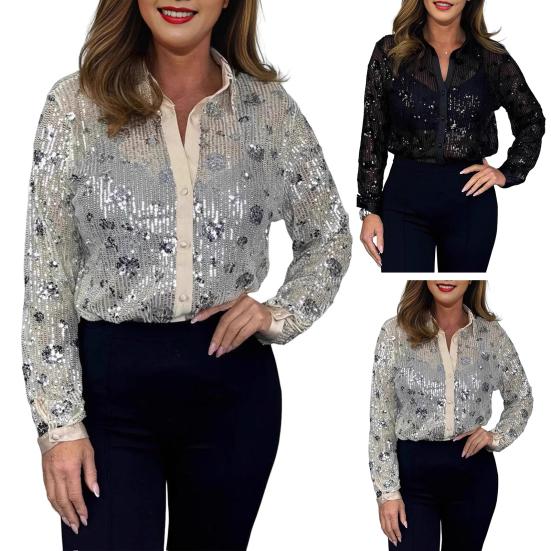 Женская рубашка с воротником из пайеток, рубашка с длинным рукавом и пуговицами, блестящая свободная блузка, топ для вечеринок, клубов, баров, повседневной носки