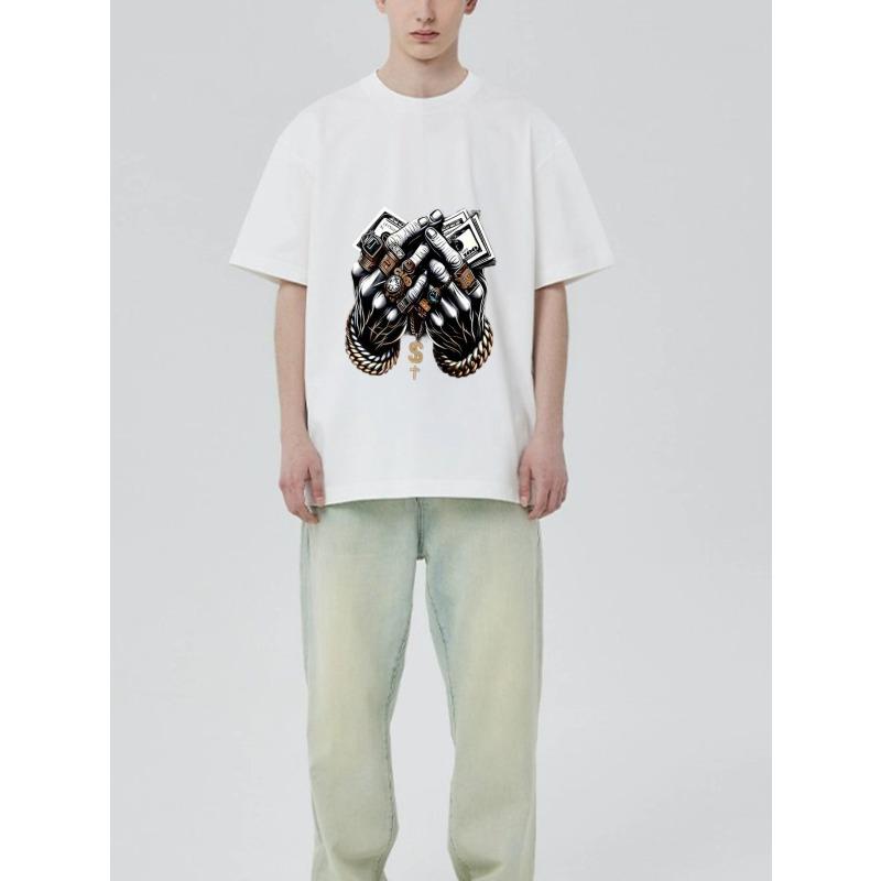 Черная футболка с принтом рук с деньгами и цепями для уличной моды