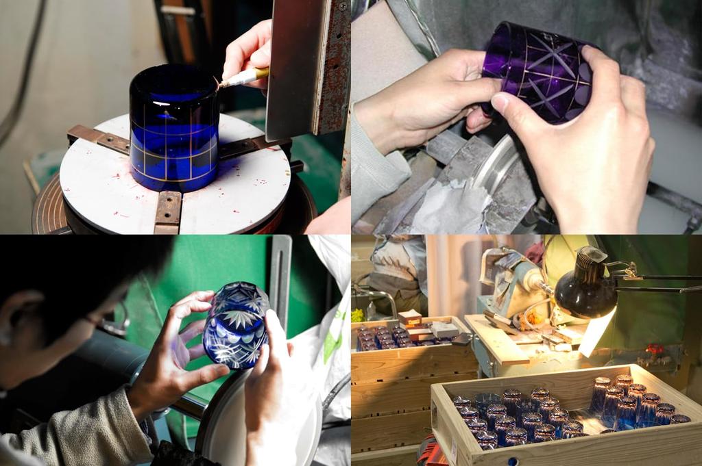 Glass Workshop Saiho Edo Kiriko Glass Cup Cherry Blossom Pattern Blue Pink Presentation Box Flower Kiriko Glass