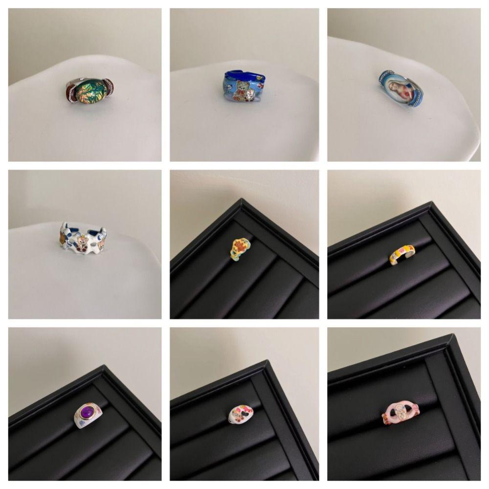 Open Ring Painting Ring Dripping Oil Irregular Enamel Ring Vintage Cartoon Bear Ring  Friend