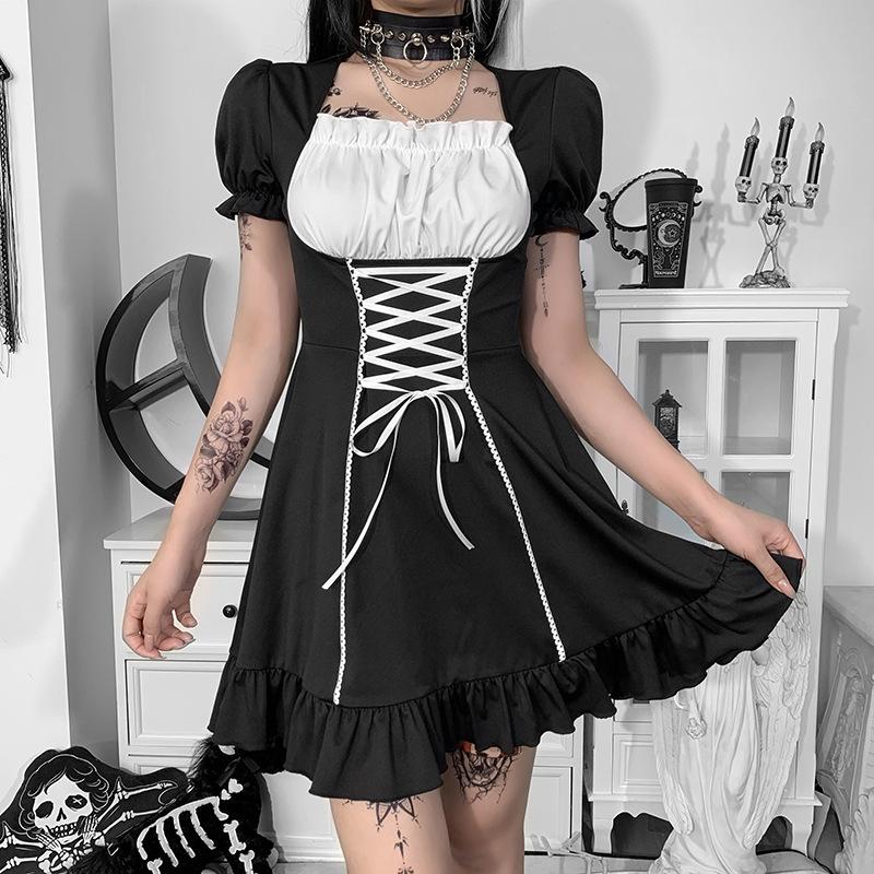 Y2k Готическое платье Лолита, женское темно-черное платье в студенческом стиле, осеннее контрастное цветное платье с пышными рукавами и завязками, женское платье
