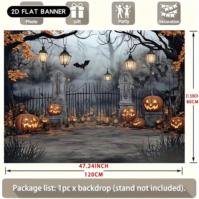 2D flat banner 1PC Halloween Party - Ghost Cemetery and Pumpkin Lanterns Misty Forest Path Universal decorations