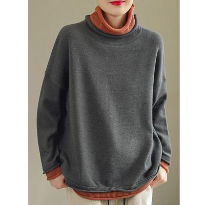 Женский вязаный свитер больших размеров на осень-зиму, свободный пуловер с высоким воротником, имитация двух частей, базовая рубашка, повседневные топы