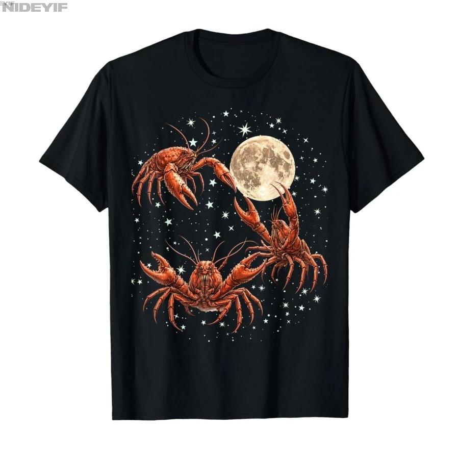 Three Crawfish Moon Retro Southern Galaxy Space Animal Tshirt For Men Women 100 Cotton T Shirts Short Sleeve Tops 04243