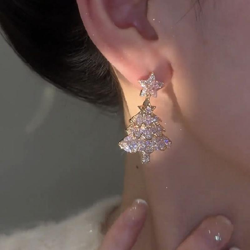 Women's Christmas Tree Zircon Crystal Star Stud Earrings Dangle Fashion Jewelry Gift for Xmas Party