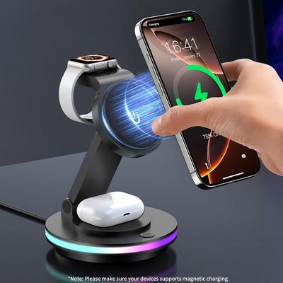Магнитная беспроводная зарядная станция для iPhone 16 15 14, складная вращающаяся, регулировка света, 3-в-1, 15 Вт, быстрая зарядная подставка Mag-Safe