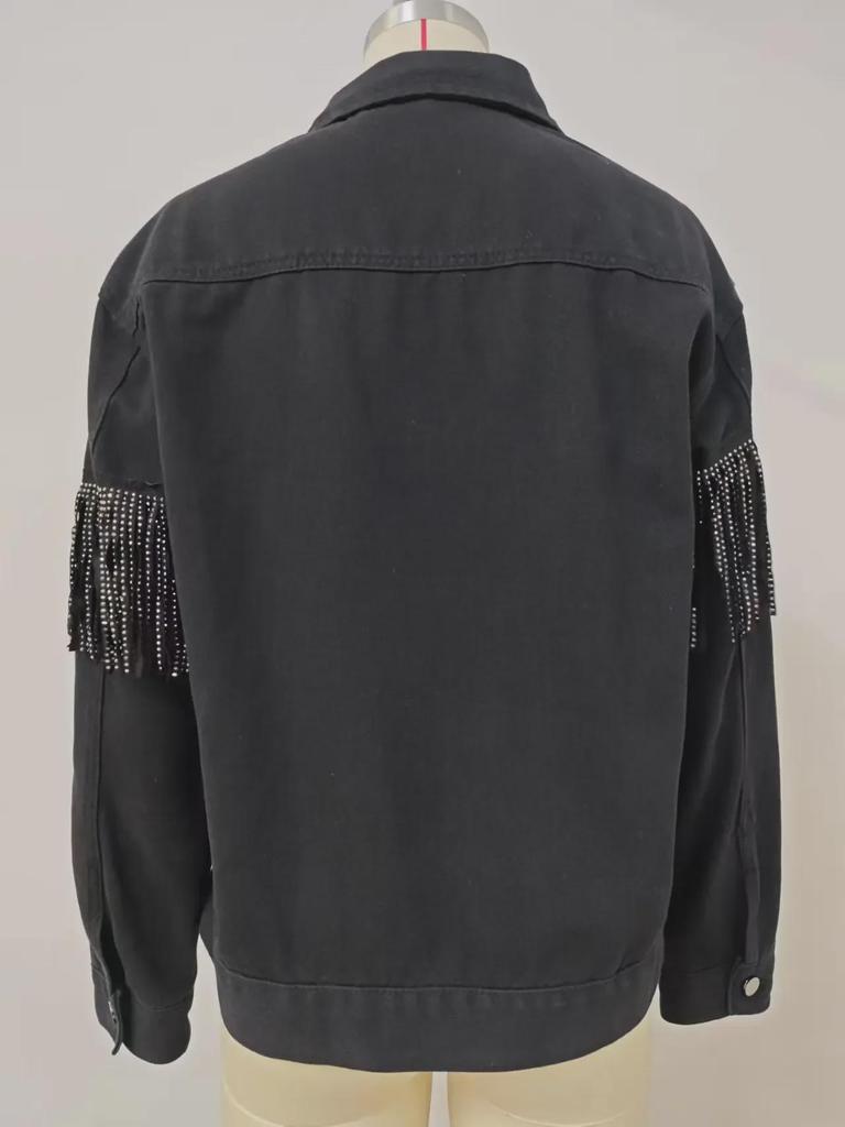 2024 Spring Women's Black Denim Jacket with Rivet & Tassel Details