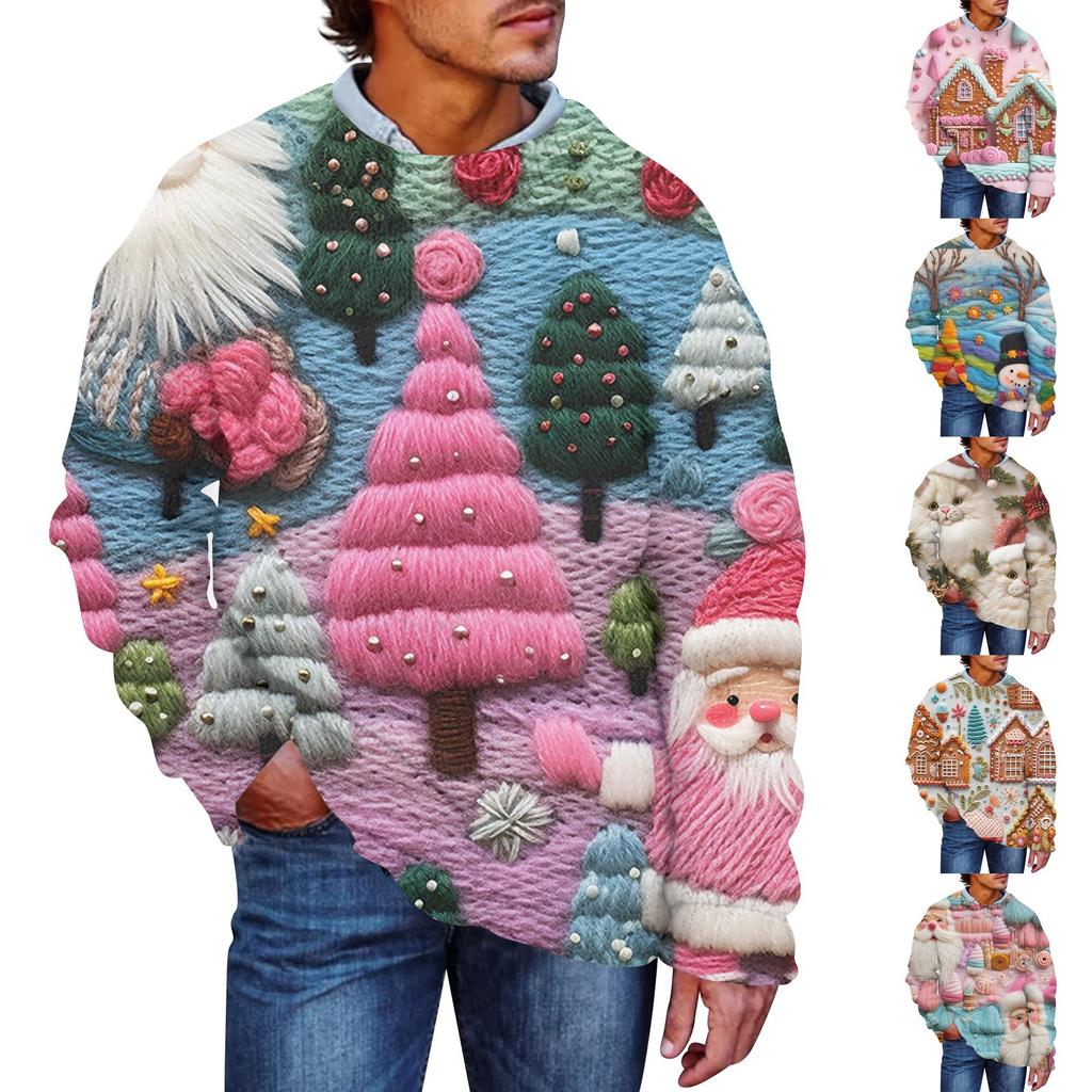 Men's Christmas Print Faux Sweater, Crewneck Sweatshirt, Loose Long-sleeved Top