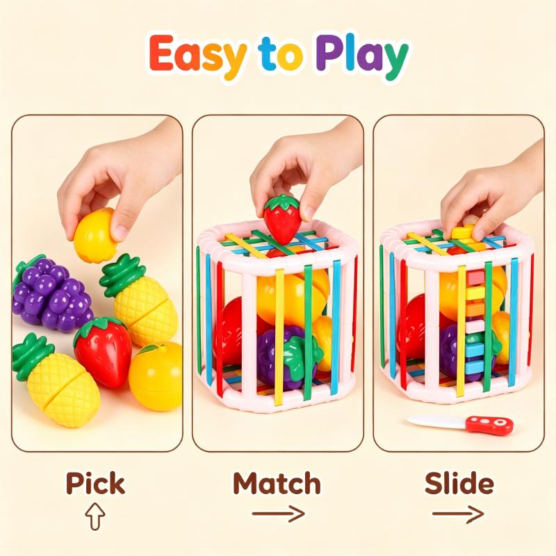Montessori 2-in-1 Educational Toy for Kids Color Sorting Game and Pretend Cutting Fruit Vegetable Set