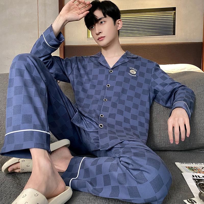 Хлопковая мужская пижама весна-осень с длинными рукавами ночная рубашка новый кардиган в клетку домашняя одежда для сна одежда для отдыха