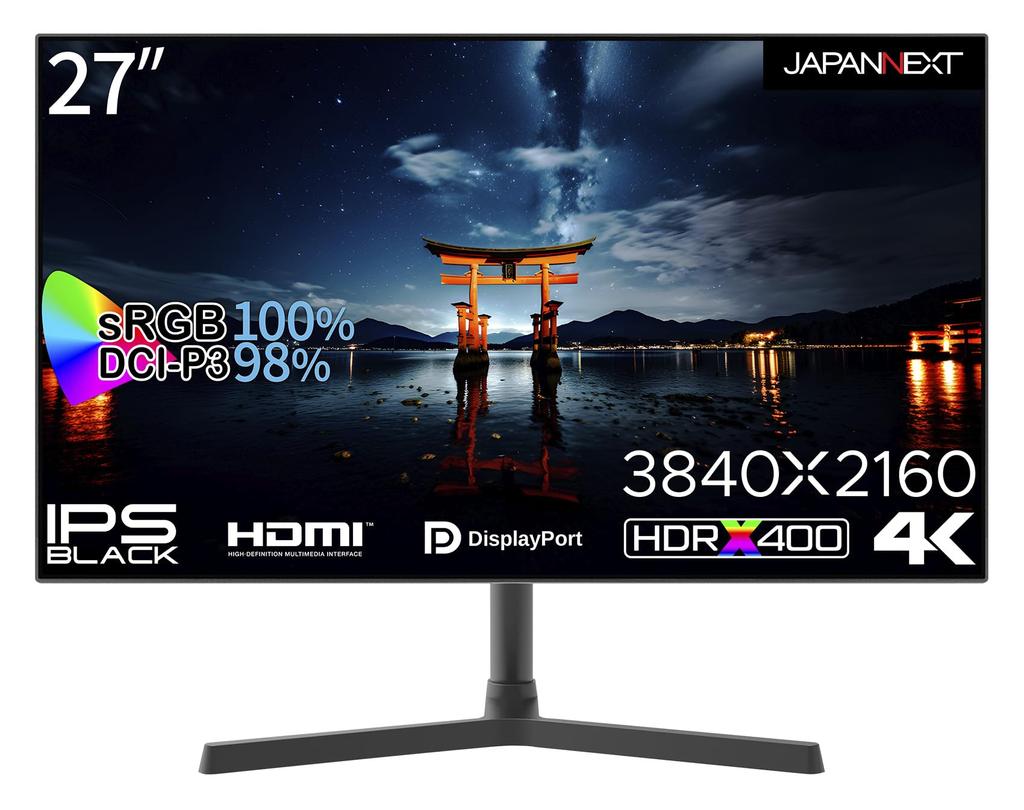 JAPANNEXT 27-дюймовый монитор 4K UHD 3840x2160 разрешение IPS ЧЕРНЫЙ дисплей подсветка (HDMI/DisplayPort/Встроенный динамик/Совместимость с VESA/Blue Cut)