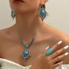 Новое Ретро этническое ожерелье с инкрустацией бирюзой, серьги, кольцо из трех частей Ханфу, тибетский комплект старинных серебряных украшений