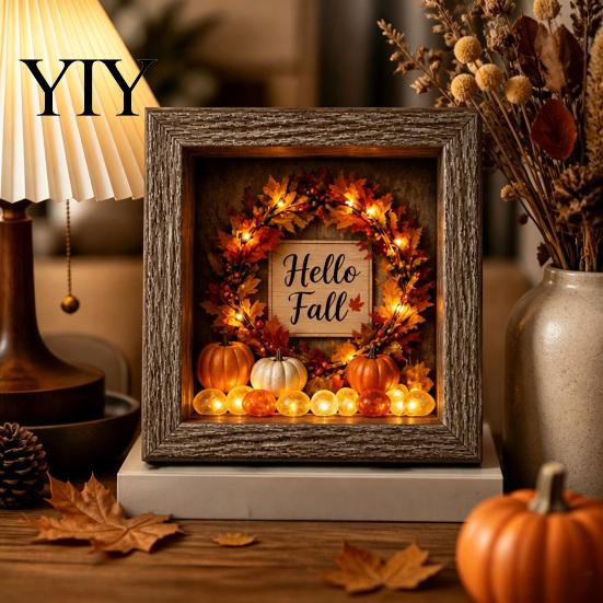 Wood Glass Picture Frame Halloween Shadow Box DIY Lighted Craft Kit, Wooden Night Light with Decorative Display Sea Stones, Gothic LED Memory Case for
