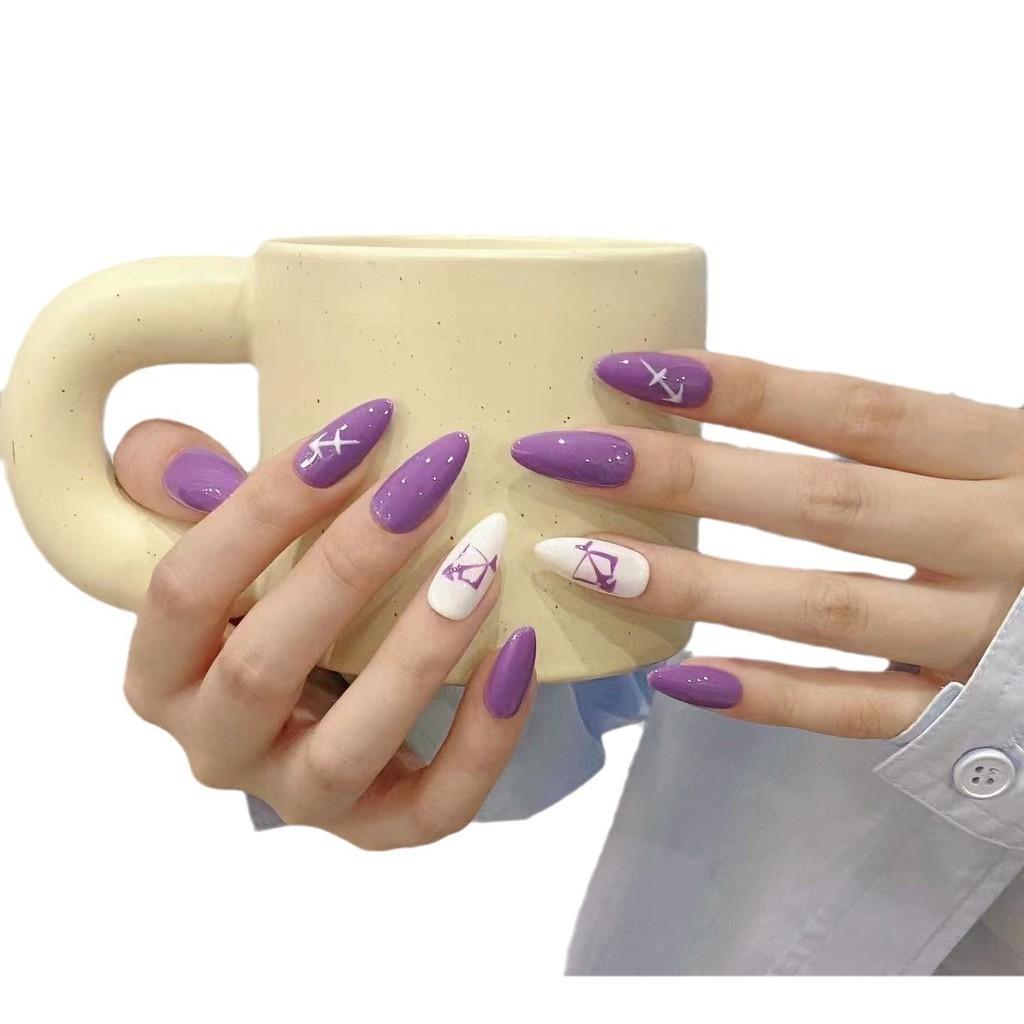 HANDMADE Artificial Nail Zodiac Signs - Sagittarius Almond Hand Painted Purple Phototherapy Nails Fake Nails Reusable and Removable Nails