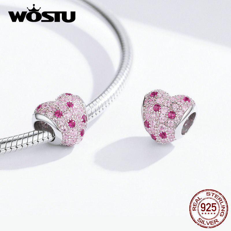 WOSTU Бусины в форме любви из стерлингового серебра 925 пробы с розовым прозрачным цирконом, подходящие к оригинальному браслету-подвеске