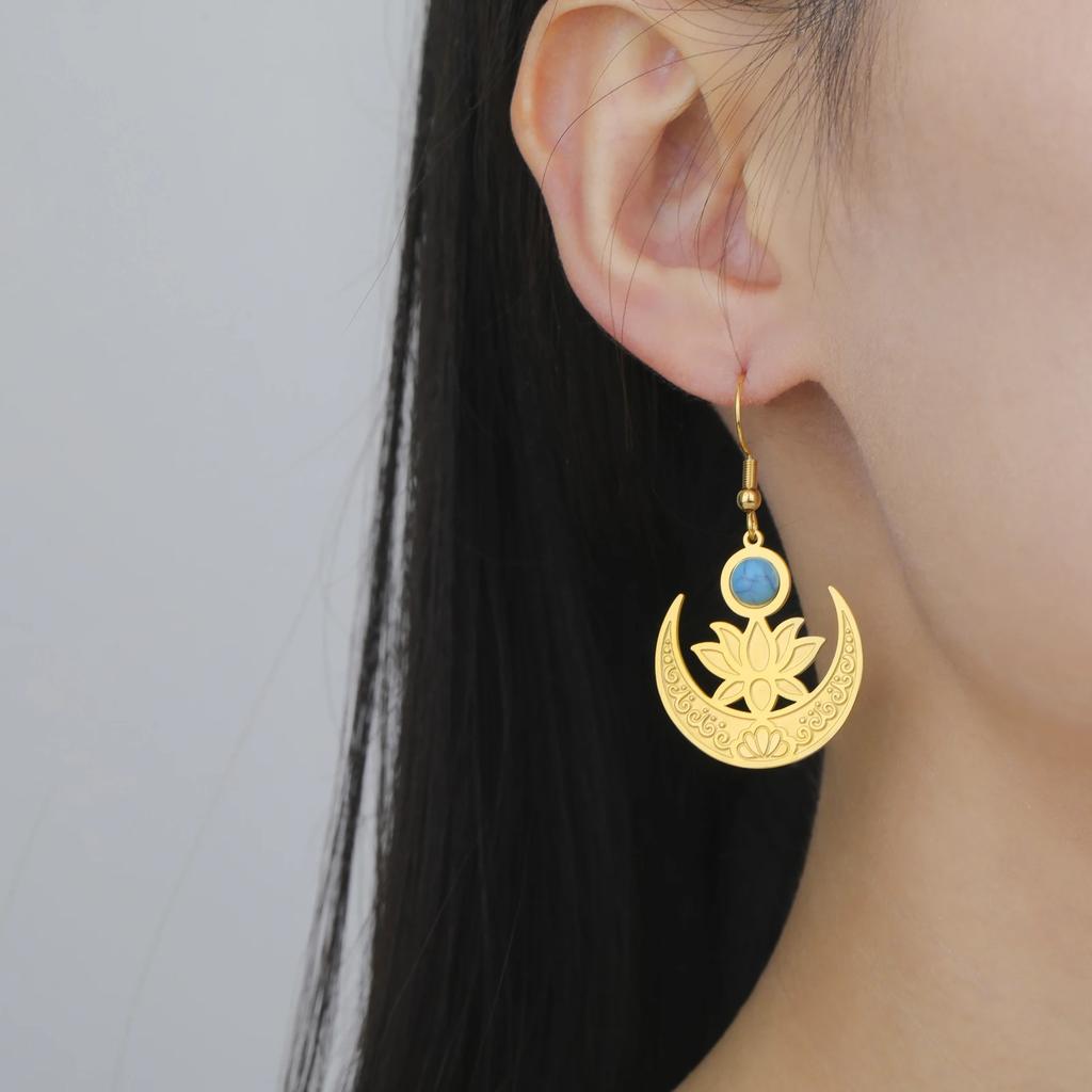 Xiaomi Skyrim Lotus Flower Crescent Moon Turquoise Dangle Earrings Stainless Steel Earrings for Women Vintage Buddhist Jewelry Gift