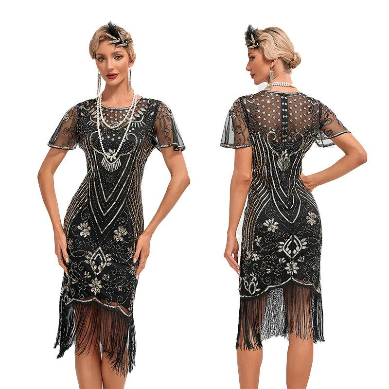 1920S Retro Ball Embroidered Tassel Dress Party Large Size Sequined Beaded Mesh Dress