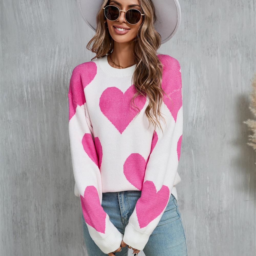 Зимний женский свитер Love Valentine's Day Pullover Large Peach Heart Color Clash Sweater